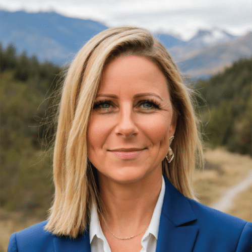 Trudy smiling wearing a blue blazer standing outdoors in a mountainous valley.