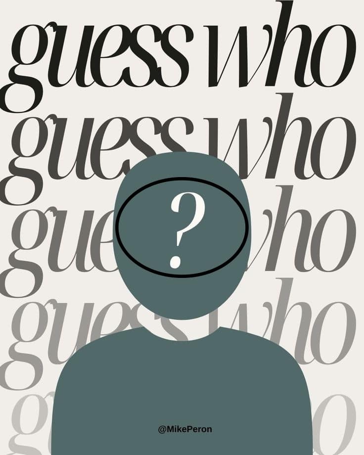 An icon of a person with the repeating text "guess who" in the background.