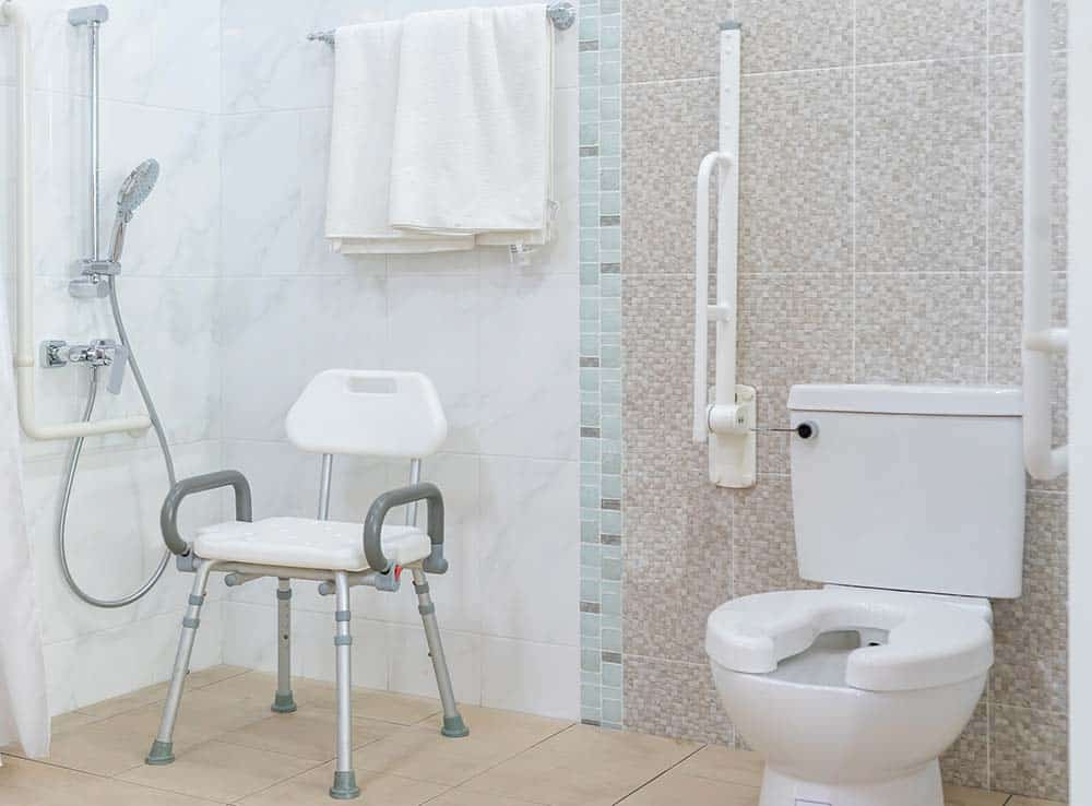 A bathroom with various bathroom safety products.